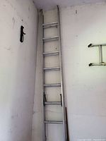 Full view of collapsed aluminum extension ladder showing length and rails