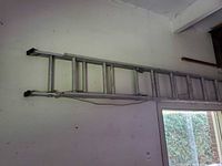 Full view of aluminum extension ladder hung on wall