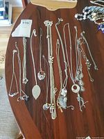 Group shot of all silver-tone pendant necklaces spread on table