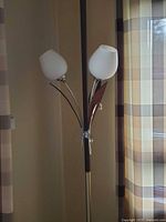 Full view of lamp showing two of the three frosted tulip shades and pole