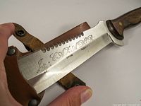 Close-up of blade etching, sawback spine, partial handle and sheath strap