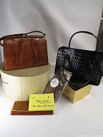 Overall view showing both handbags, wallet, sealed socks