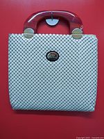 Front view of cream enamel mesh handbag with faux tortoiseshell handles