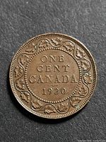 Reverse of 1920 Canadian 1-cent coin showing denomination and date