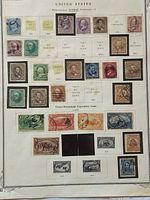Full album page showing 25 mounted stamps – watermarked definitive issues at top, Trans-Mississippi commemoratives at bottom.