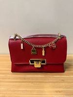 Front view of red Harrods crossbody showing clasp, chain and charms