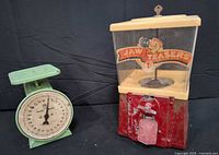 Bubble gum machine and kitchen scale side by side