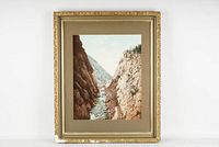 Framed photochrom print showing full frame and mat, lower frame chipping visible