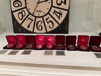 Line of 9 clamshell cases each holding a proof silver dollar with certificates in front