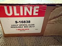 Box label showing Uline S-16838 specification