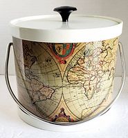 Full view of ice bucket showing map design, handle, lid