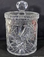 Full view of crystal cookie jar with lid showing overall design