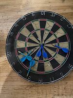 Front view of dartboard with darts in place