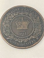 Reverse of 1861 Nova Scotia one cent showing crown, wreath, denomination and date