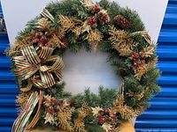 Front view of large decorated wreath
