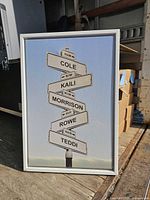 Front view of framed canvas print showing signpost design and frame