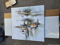 Full view of abstract cityscape painting on canvas