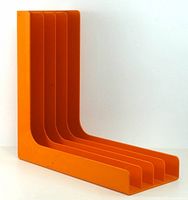 Front angle view of orange plastic record organizer
