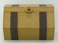 Front view of closed tan plastic sewing box with brown bands