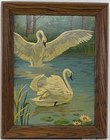Front view of framed painting showing complete image of two swans and wood frame