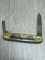 Knife fully opened showing both blades and handle graphic