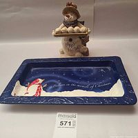 Snowman music box figurine and rectangular snowman platter front view