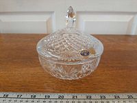Overall view of lidded Bohemia crystal candy dish with ruler for scale