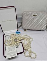 Necklace coiled beside presentation box and travel case