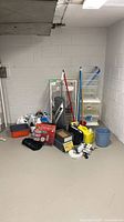 Overall view of lot showing vacuum, storage units, buckets and chemicals