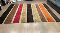 Full view of rug showing multicolour vertical stripes