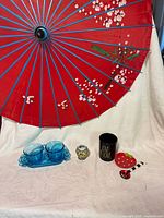 Entire lot showing parasol, Czech glass set, mug, vase, strawberry dish with spoon