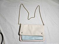 Front view of closed purse showing colorblock design and chain strap