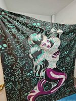 Full view of mermaid design shower curtain hung to show artwork and size
