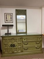 Dresser with glass top and mirror in olive green finish