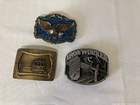 All three metal belt buckles laid out for size and contents overview
