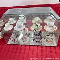 Display case front view with teacups for scale