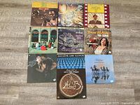 Group shot of nine vinyl albums laying on floor, sleeves visible