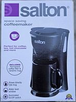 Front of box showing Salton 1-cup coffeemaker image and features
