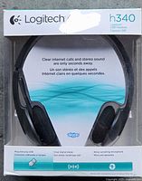 Front of retail box showing Logitech H340 headset