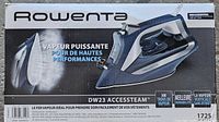 Front of box showing Rowenta DW23 AccessSteam iron image and features