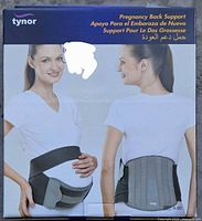 Front of Tynor pregnancy back support belt box showing product image and model
