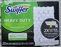 Front of sealed Swiffer Heavy Duty Dry Cloths box showing product details and quantity