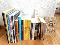 Full group of approximately twenty Indigenous culture books standing on floor