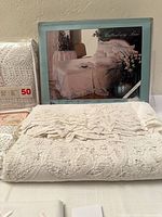 Boxed Battenburg lace bedding set and folded lace piece