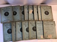 Fifteen paper-covered volumes laid out showing front covers