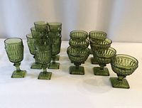 All 15 Mount Vernon glasses grouped, wine glasses on left, champagne on right