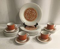 Full set showing dinner plates, side plates, cups and saucers