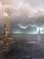 Close view of lighthouse and sailboat on etched metal surface