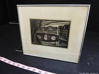 Overall view showing framed print, mat, frame style and size reference tape