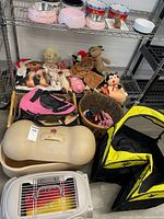 Group shot showing carrier, playpen, dome, basket of toys